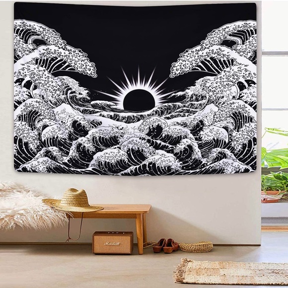 Black & White Moon and Waves Tapestry - Picture 3 of 7
